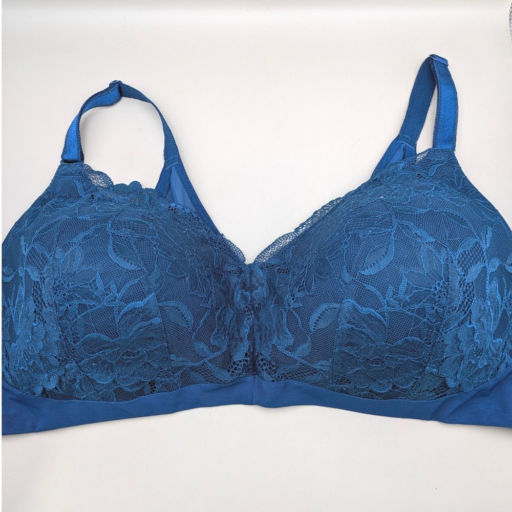 Torrid Curve Blue Floral Lace Overlay Back Smoothing Wire Free Bra Size 48B